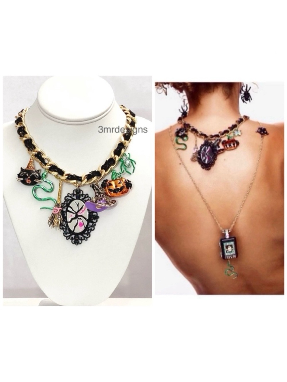 NWT Betsey J. 💋WITCHY LACE FRONTAL CHARMS Gold Tone Glass Crystals Necklace